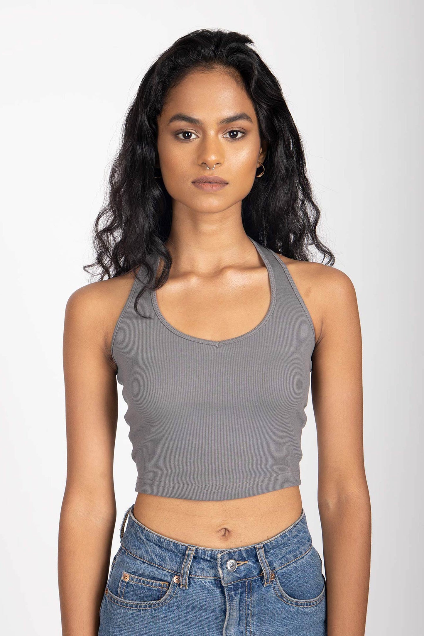 Grey Ribbed Halterneck