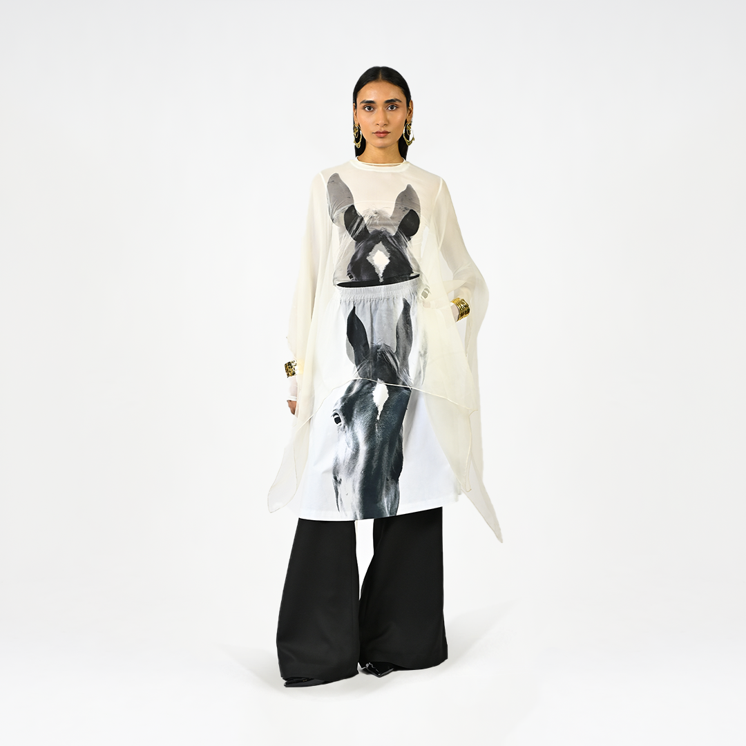 Horse printed sleeveless organza kaftan
