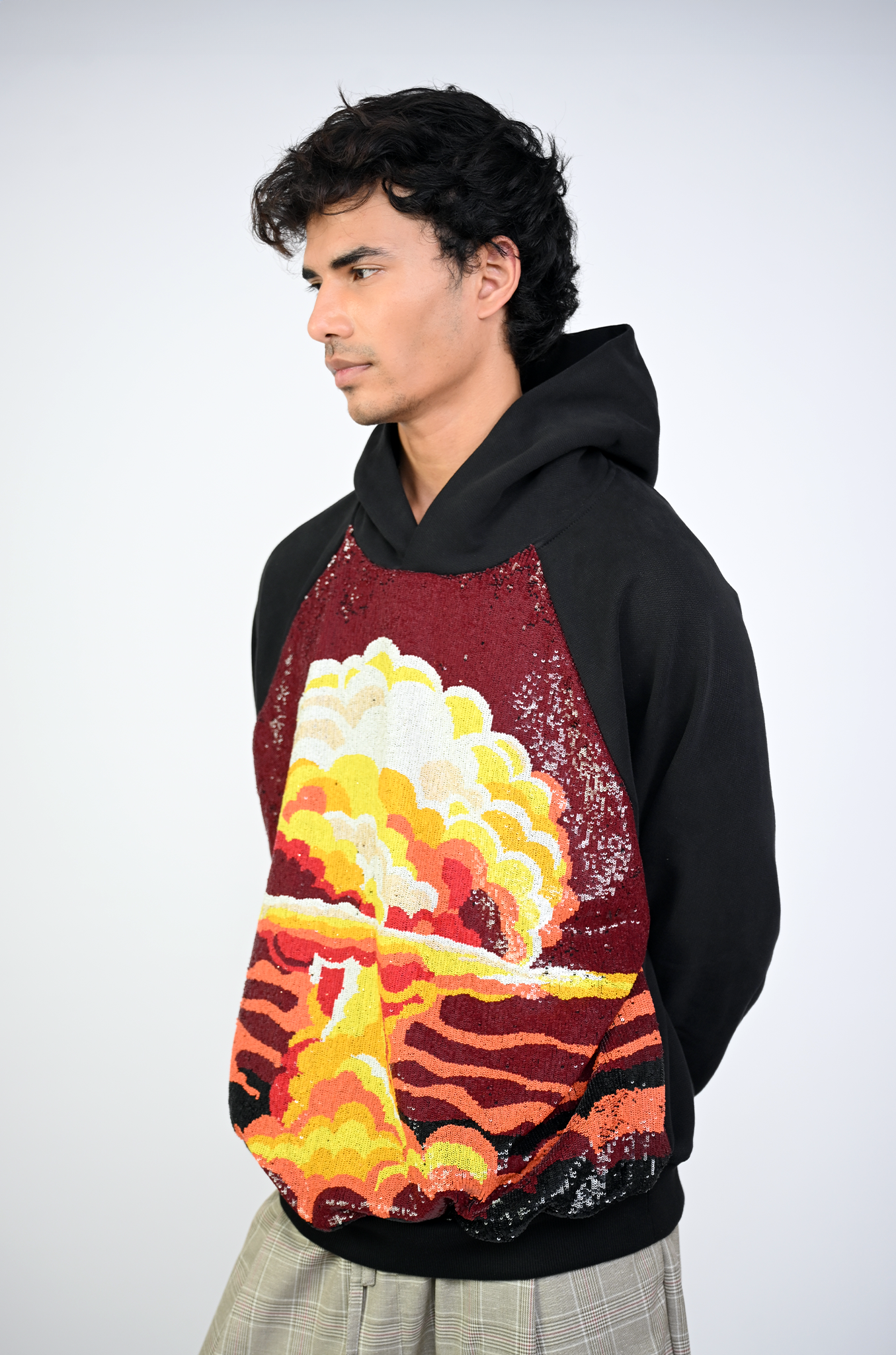 Hand embroidered sequined 'Visions' hoodie (Black)