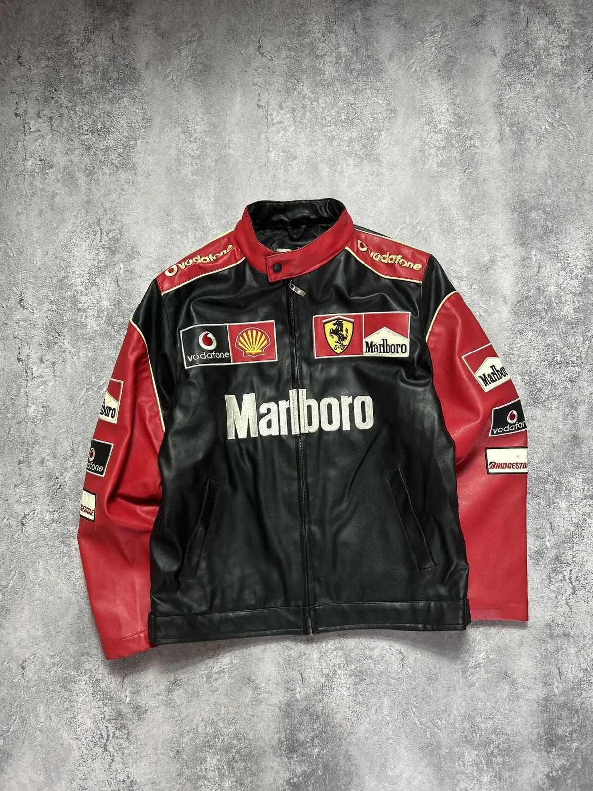 Marlboro-Style Black Leather Racing Jacket – Unisex Formula-Fit - Prime Fitz