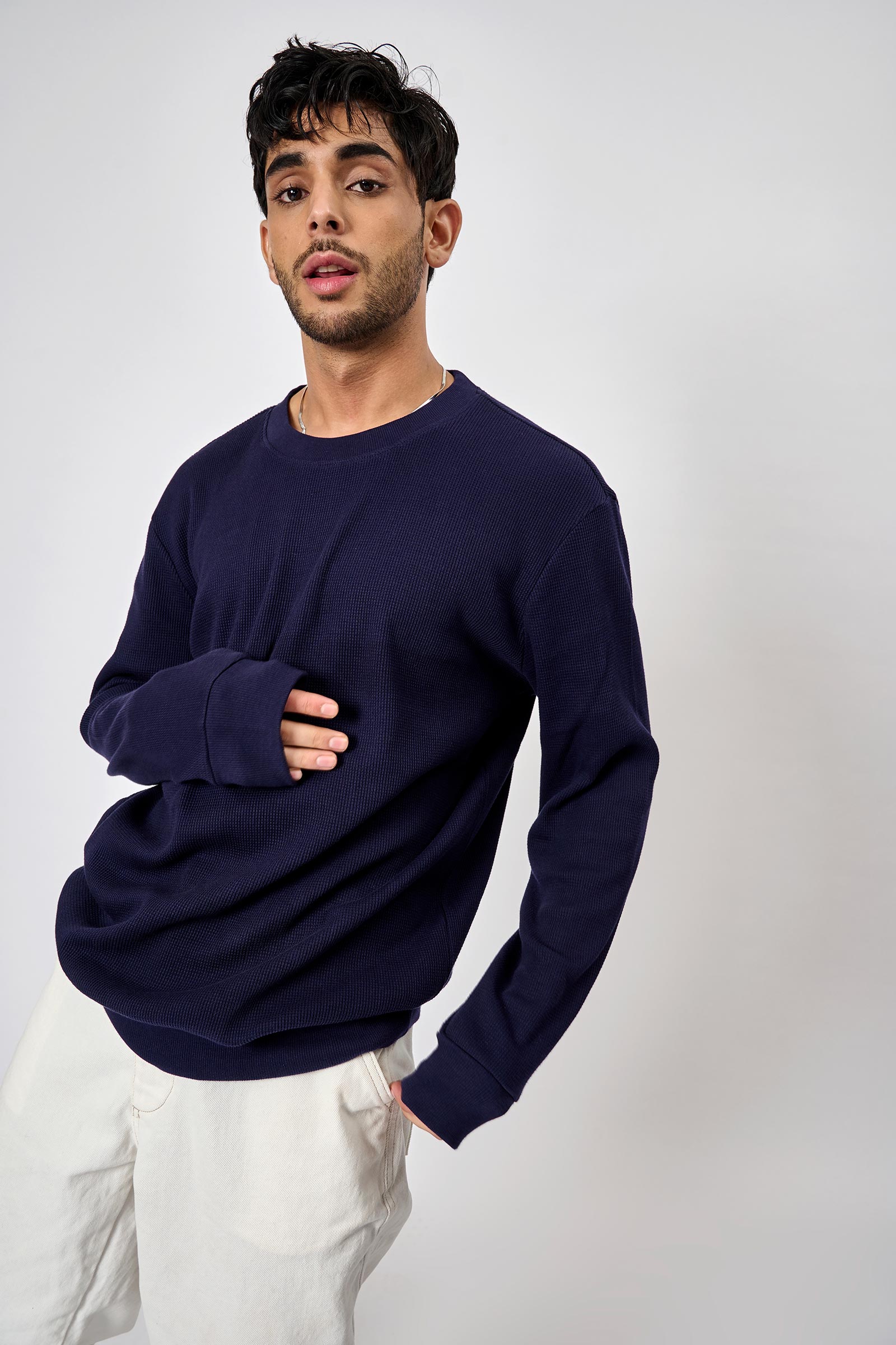 Navy Blue Heavyweight Crew Neck Waffle
