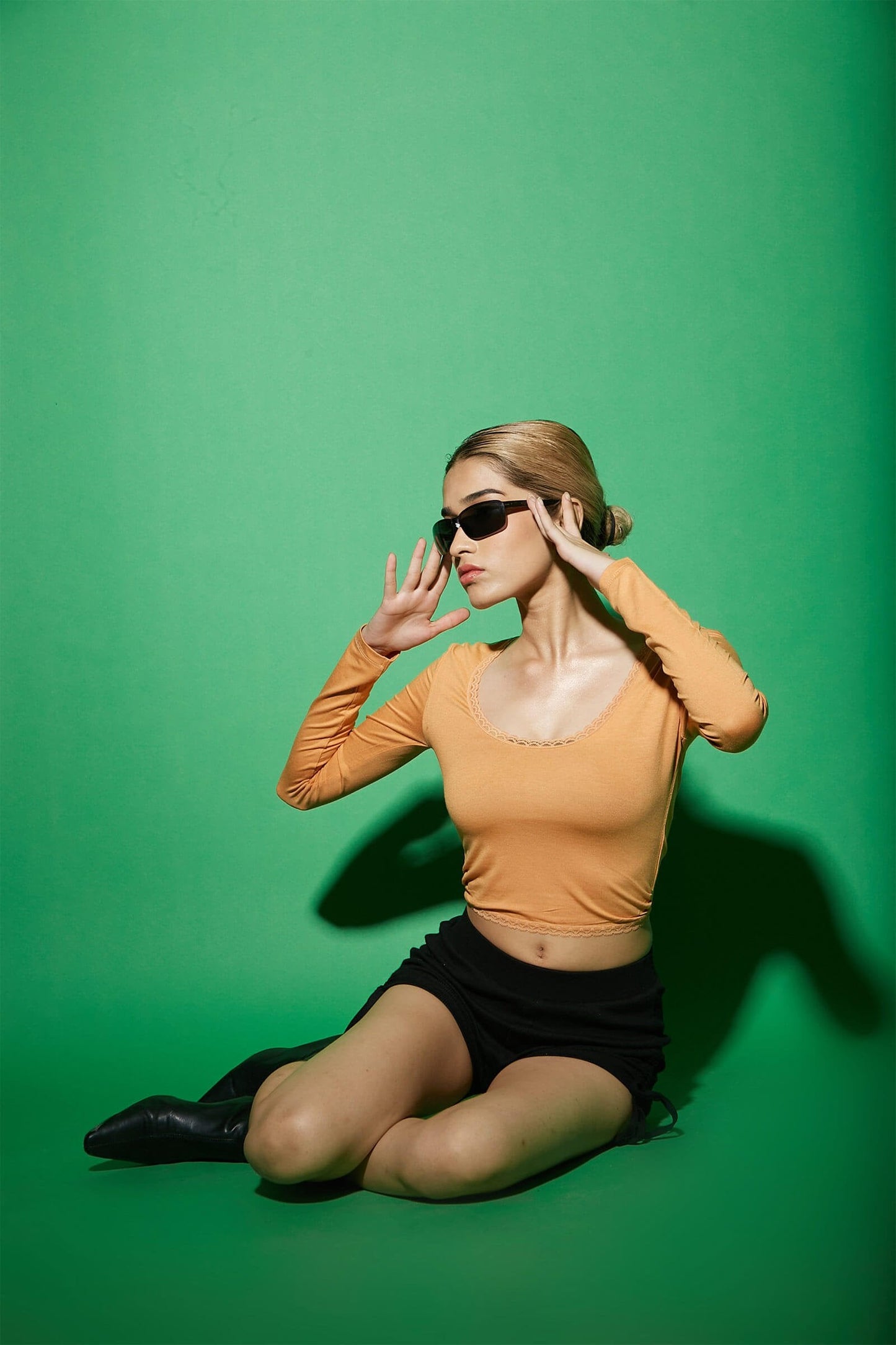 Orange Full Sleeves Lace Lined Top