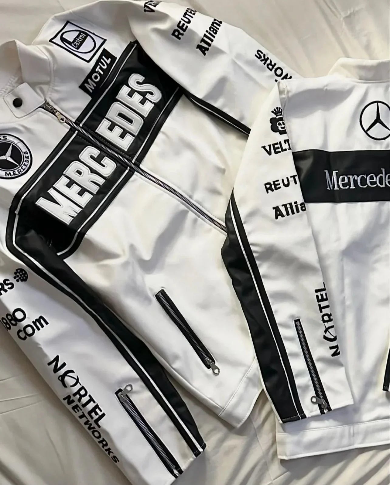Mercedes‑Inspired Classic F1 Racing Leather Jacket – Embroidered Motorsport Elegance - Prime Fitz