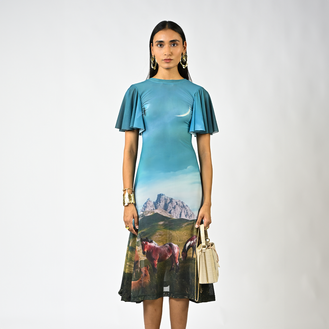Sculpted horse grazing landscaped lycra dress