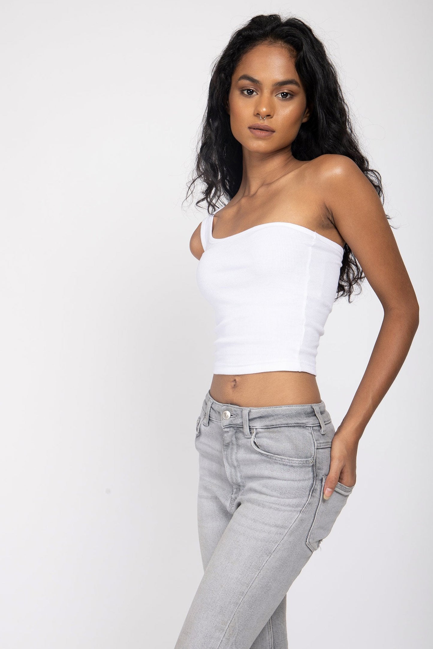 White One Shoulder Ribbed Tank